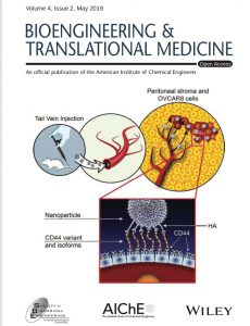 Decorative journal cover. Advanced staged high-grade serous ovarian cancer (HGSOC) is the leading cause of gynecological cancer death in the developed world. In this study, we address the challenge of resistance to platinum-based therapy by developing a targeted delivery approach. Novel electrostatic layer-by-layer (LbL) liposomal nanoparticles (NPs) with a terminal hyaluronic acid layer that facilitates CD44 receptor targeting are designed for selective targeting of HGSOC cells; the liposomes can be formulated to contain both cisplatin and the PARPi drug within the liposomal core and bilayer. The NPs exhibited prolonged blood circulation half-life, mechanistic staged drug release and targeted codelivery of the therapeutic agents to HGSOC cells. Moreover, compared to the free drugs, the NPs resulted in significantly reduced tumor metastasis, extended survival, and moderated systemic toxicity.